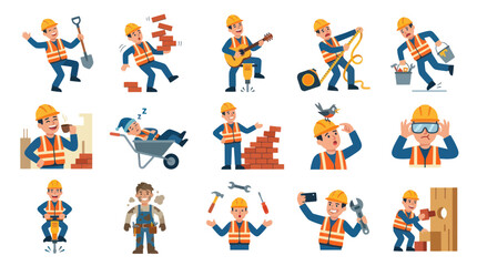 Fototapeta premium Construction Worker Flat Style Icons: Building, Safety, Tools, Activities