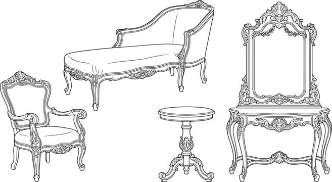 Vintage baroque furniture set with chaise lounge armchair table and vanity mirror in black line art style