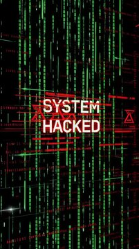 Cyber security background with system hacked alert text and glitching green digital code rain