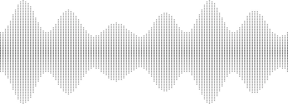 Digital sound wave pattern formed by tiny dots on a white background representing audio