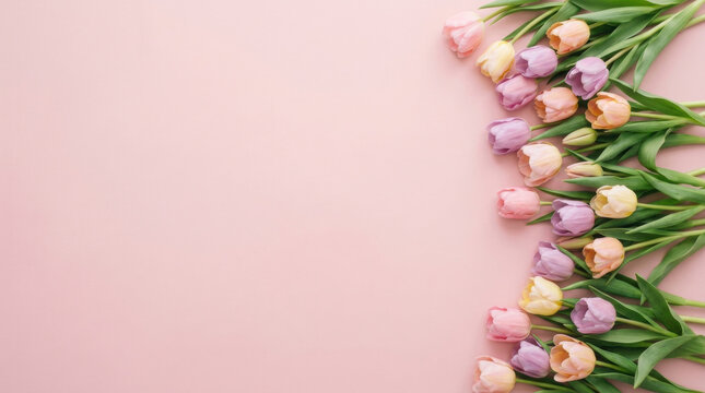 Flat lay of fresh pastel colored tulips on a light pink background representing gentle spring beauty, happy Mothers Day greeting, and sweet floral copy space.