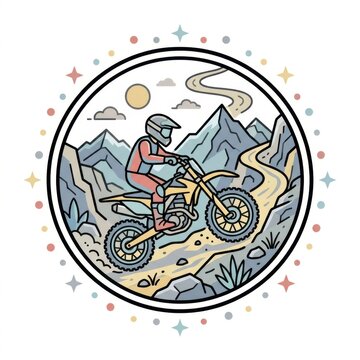 Motocross rider on a dirt bike in a mountain landscape illustration