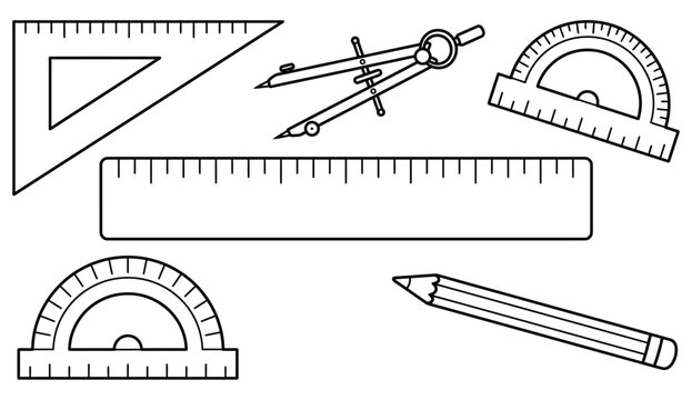 Vintage drafting tools including a compass protractor ruler and technical pen illustration