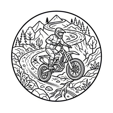 Motocross rider on a mountain trail line art illustration
