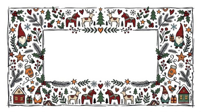 Scandinavian folk art Christmas border with gnomes and reindeer