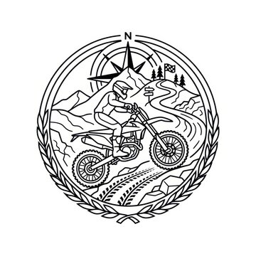 Motocross rider emblem with mountains and compass line art