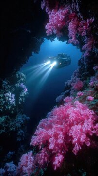 Exploration Bathyscaphe in Dark Ocean Trench