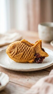 Taiyaki fish shaped cake with red bean filling on ceramic plate in soft natural light