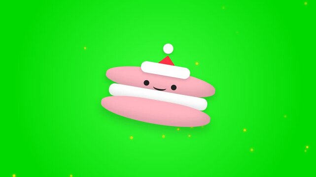 Cute Animated Pink Macaron Wearing A Christmas Hat On Green Screen.