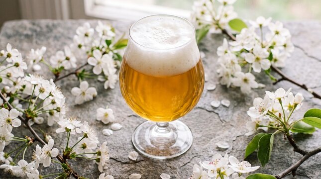 Refreshing Golden Beer in a Tulip Glass Surrounded by Delicate White Spring Blossoms.