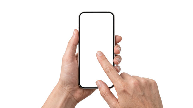 Hand holding modern smartphone with blank white screen for png isolated on transparent background