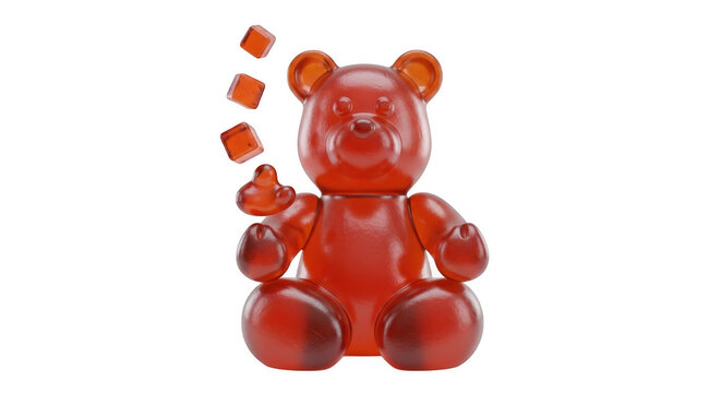 Gummy Bear Playtime: A translucent red gummy bear character sits with a playful expression as several cube-shaped gummy candies levitate in the air around it, as if being tossed.