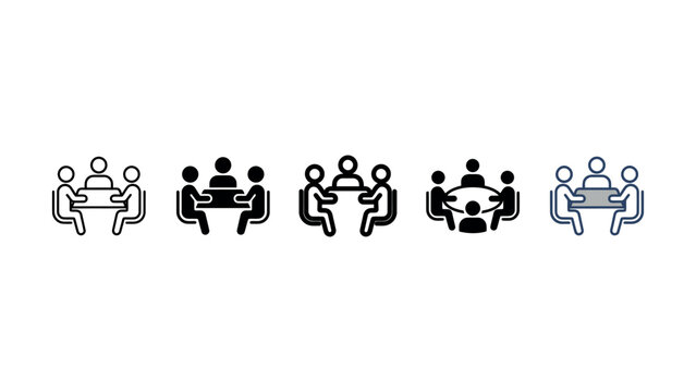 Set of diverse business meeting icons featuring people sitting around tables