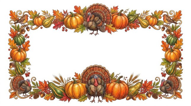 Hand drawn Thanksgiving border with turkeys and pumpkins