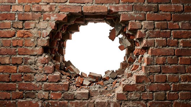 Damaged red brick wall with a large circular hole in the center isolated on white background