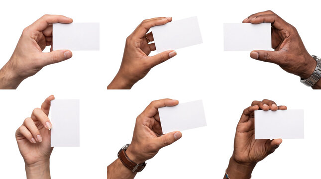Six diverse hands holding blank white business cards against png isolated on transparent background