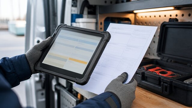 Field service worker reviewing mobile work order on rugged tablet