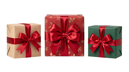 Fototapeta premium Three festive gift boxes with red ribbons on a dark png isolated on transparent background