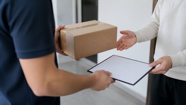 Courier handing plain parcel and blank service form to customer