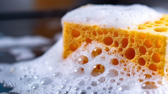 Close-up View of a Bright Yellow Sponge Covered in Bubbles and Soap Suds on a Dark Surface