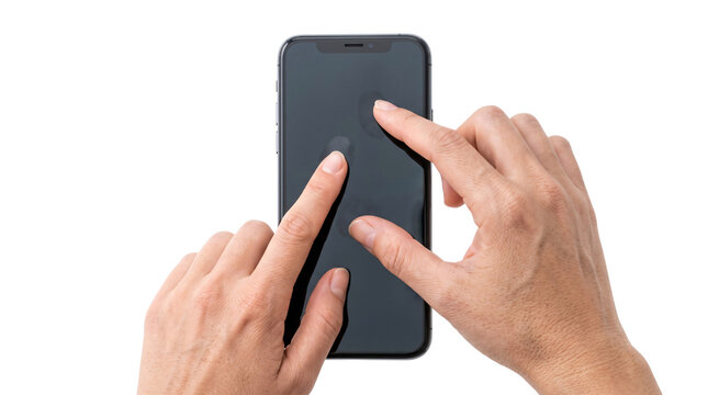 Two hands interacting with a smartphone screen, touching png isolated on transparent background