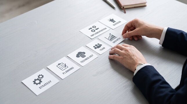 Businessman arranging strategy planning cards on table representing workflow steps including technology, team, growth, implementation and success, corporate management for project