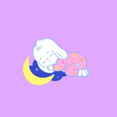 Cute white bunny sleeping on yellow crescent moon wearing pink pajamas on soft purple background vector illustration