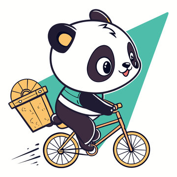 Cute panda character riding a bicycle delivering packages cartoon illustration with adorable pan