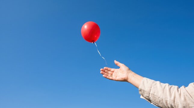 Hand releasing a red balloon into clear blue sky, symbolizing freedom, letting go, hope, childhood memory, celebration, minimalist composition, positive emotion, release of stress