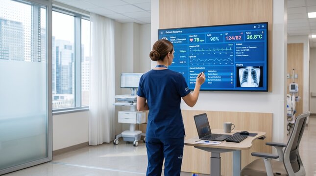 Female nurse monitoring patient analytics and vital signs on large interactive wall screen in hospital room, medical dashboard, heart rate, blood pressure, temperature