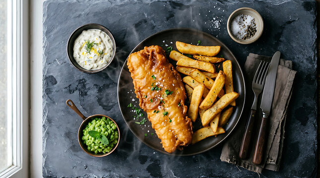 Delicious Golden Fried Fish and Crispy Potato Chips Served with Mushy Peas and Tartar Sauce on a Dark Slate Background Top Down View