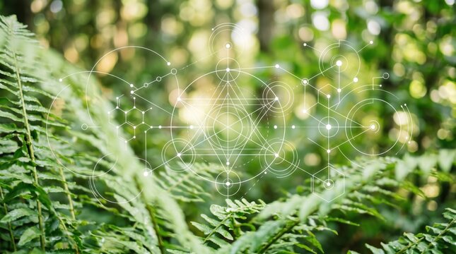 Sacred geometry overlay on green fern leaves in forest, mystical metatron cube symbol, spiritual energy connection, nature technology concept, esoteric background design