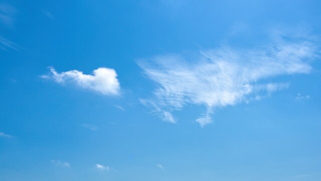 Beautiful blue sky with fluffy white cumulus and wispy cirrus clouds on a sunny day. Natural background, texture and copy space for design, advertising or wallpaper.