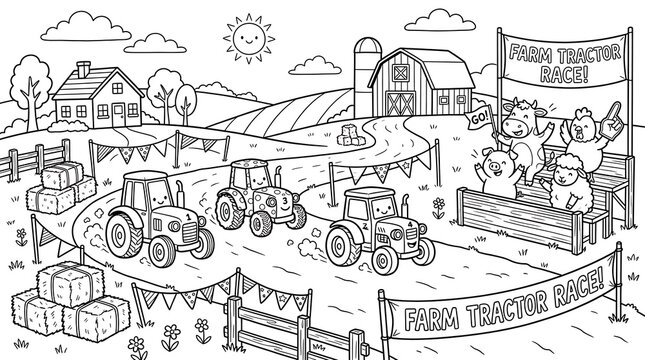 A fun black and white coloring page of a farm tractor race with cute animal spectators, hay bales, and a sunny rural landscape