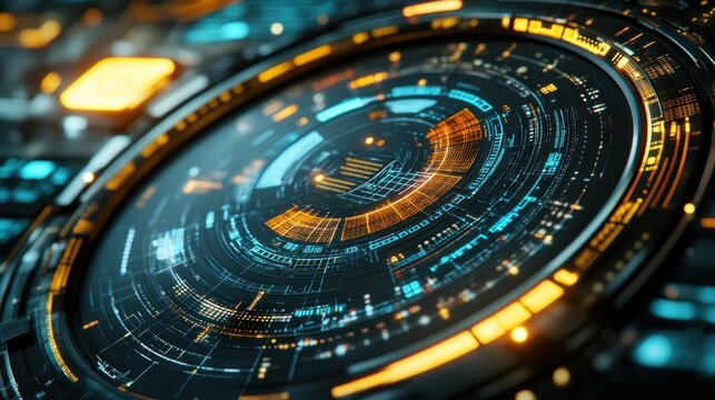 A glowing circular futuristic interface featuring complex digital data patterns
