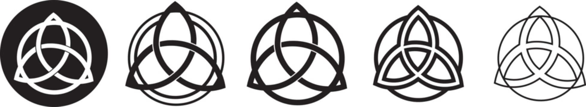 Triquetra knot vector icon set, Celtic trinity symbol collection, spiritual triquetra badge, pagan sacred geometry emblem, black solid line outline UI buttons, ancient magic knotwork graphic elements,