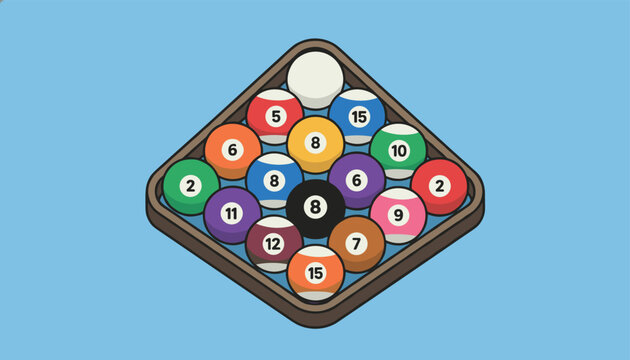 Billiard balls racked in a diamond shape for nine ball pool game on a clean solid blue background vector illustration.