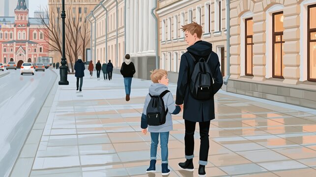 Two brothers walk handinhand down a city sidewalk next to a street with cars.