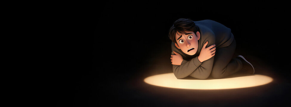 Scared man sitting in spotlight in dark room. Illustration of anxiety and phobia. Emotional struggle, panic, depression and loneliness. Banner with copy space