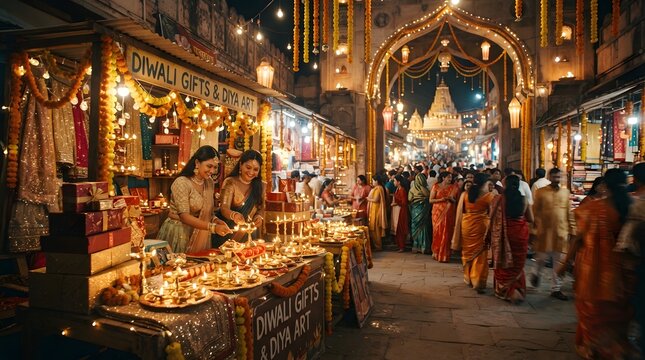 Two women selling diwali gifts and traditional oil lamps in a bustling decorated indian street market at night