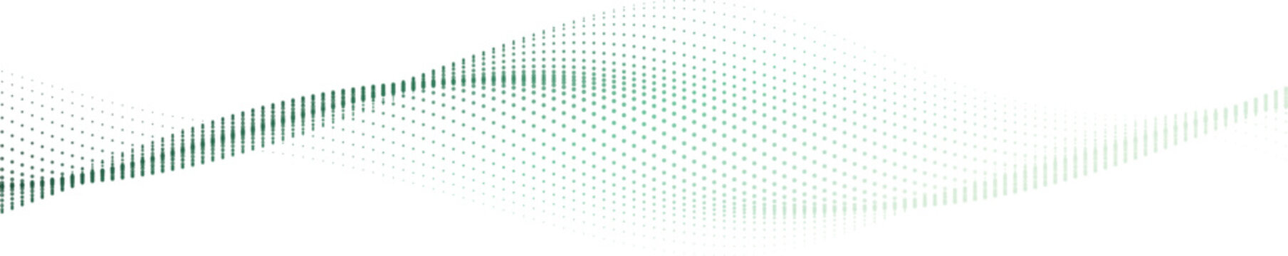 Abstract green wave of dots in motion during a digital transition with clean white background and subtle gradient