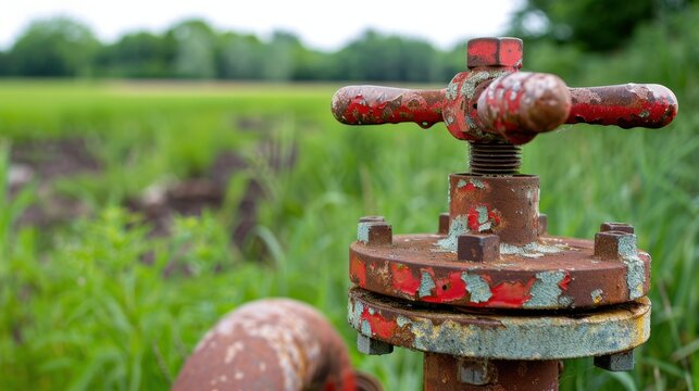 Rusty Valve on Old Pipe in Overgrown Field with Lush Greenery and Blurred Background Depicting Abandonment and Nature's Reclamation
