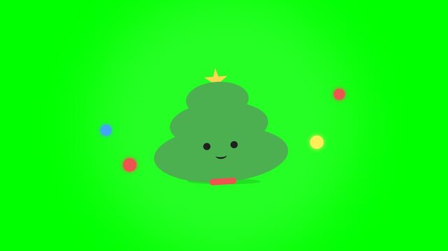 Cute Animated Christmas Tree Character Dancing on Green Screen Background.