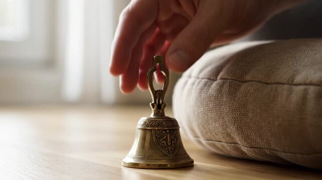 Hand gently rings an ornate brass meditation bell on a wooden floor for mindfulness