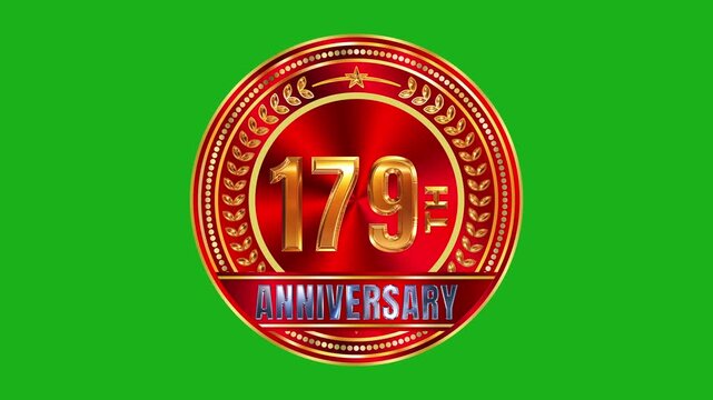 Deluxe 179th anniversary gold laurel insignia with sunburst red garnet stone plate and sparkling lighting on green screen 4k video
