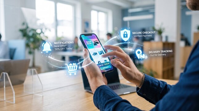 Person using smartphone for online shopping, secure checkout payment verification icon, delivery tracking notification, e-commerce mobile application interface, digital retail
