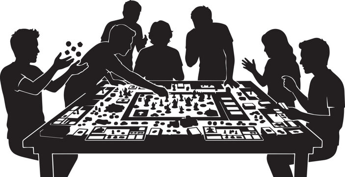 Black silhouette of people playing Texas holdem poker game with chips, cards, and dealers. Vector illustration of team at a casino table with gambling winners losing