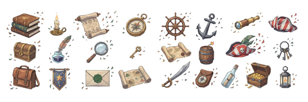 Pirate Adventure Low Poly Illustration Set - Treasure Chest, Compass, Ship Wheel, Anchor, Telescope, Map, Sword and Pirate Hat
