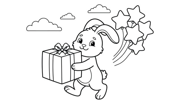 Adorable bunny carrying a gift box with stars and fluffy clouds illustration