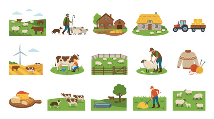 Fototapeta premium Farm Life Flat Illustration: Cows, Sheep, Farmer, Tractor, Buildings, Wool Sweater